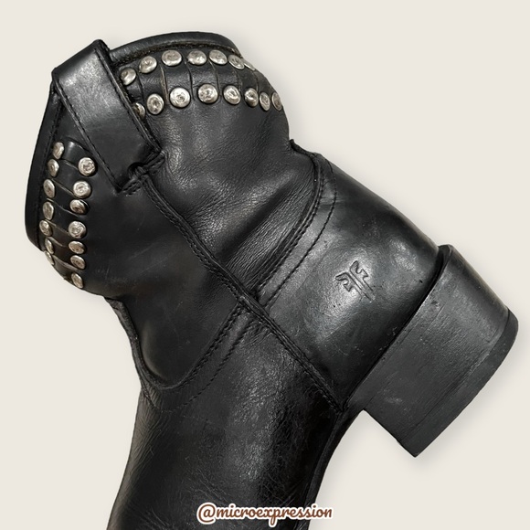 RARE Frye Diana Vintage Distressed Black Leather Stud Pull-On Cowgirl Ankle Boot - Picture 13 of 16